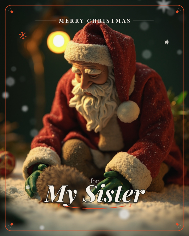 A figurine of Santa Claus kneels in the snow, gently reaching toward a small hedgehog beside him, his red velvet coat and white beard glowing under a…, a christmas e-card design