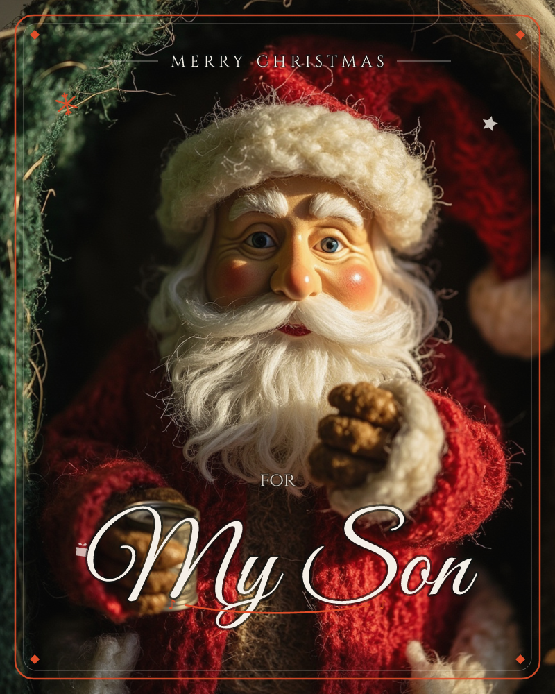 A close-up of a handcrafted Santa figurine with a woolly white beard and knitted red coat, holding out a pinecone in one hand and a small jar in the other, a christmas e-card design