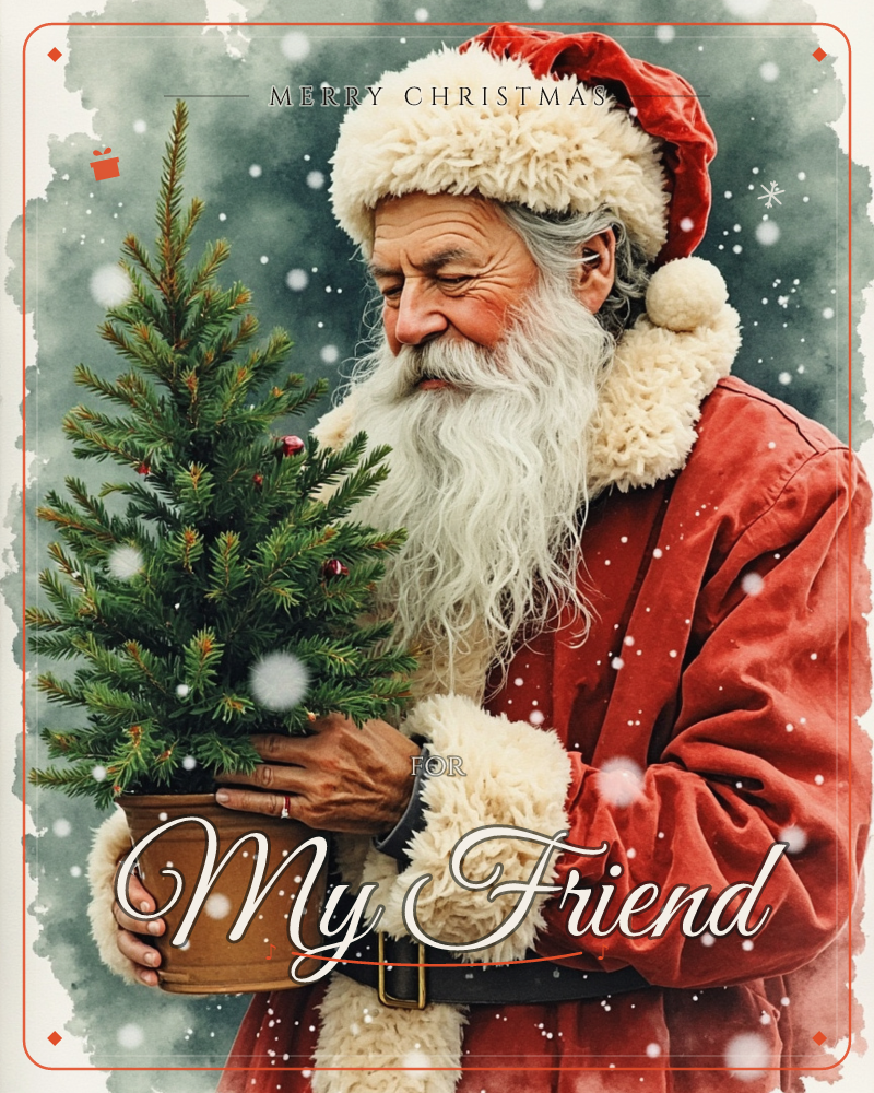 A white-bearded man in a red fur-trimmed coat and cap cradles a small potted pine tree, gazing down at it fondly as snow falls around him against a…, a christmas e-card design