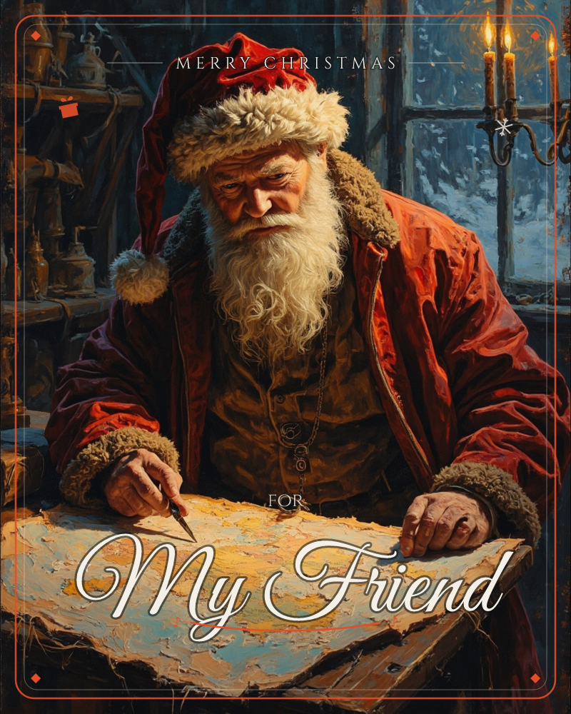 Santa leans over a worn wooden table, plotting a route across a hand-drawn map with a quill, his fur-trimmed red coat glowing in candlelight, a christmas e-card design
