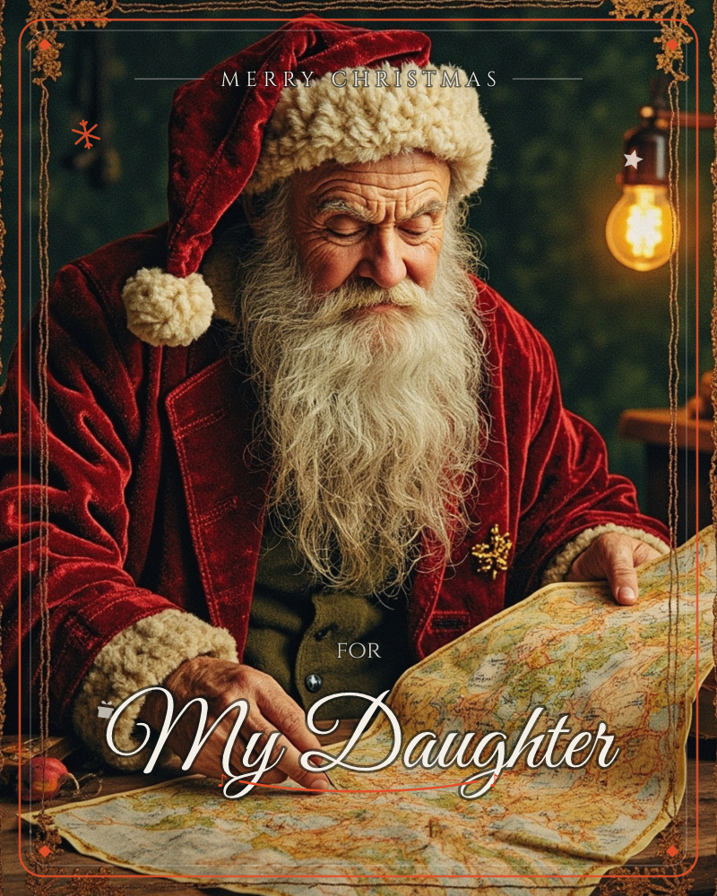 Santa leans over a worn paper map spread across a wooden table, tracing a route with one finger, a bare bulb glowing warm above him in the dim room, a christmas e-card design