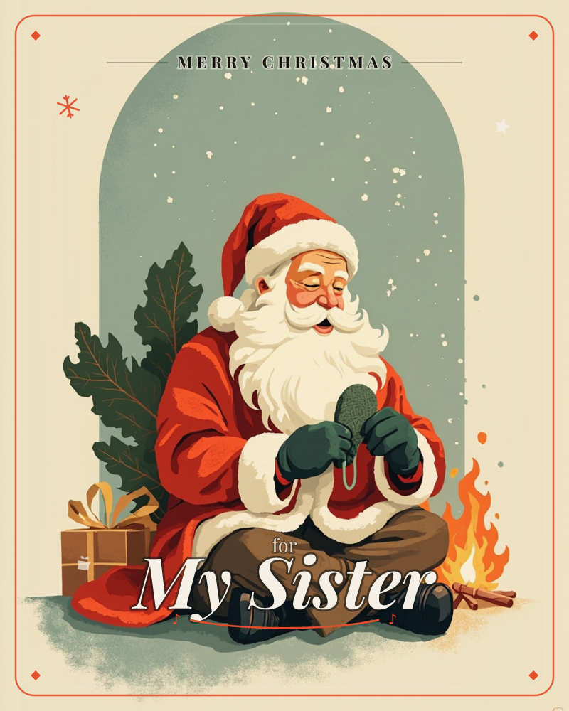 Santa sits cross-legged on the ground beside a small campfire, gently examining a green mitten in his hands, with a wrapped gift and a pine bough…, a christmas e-card design