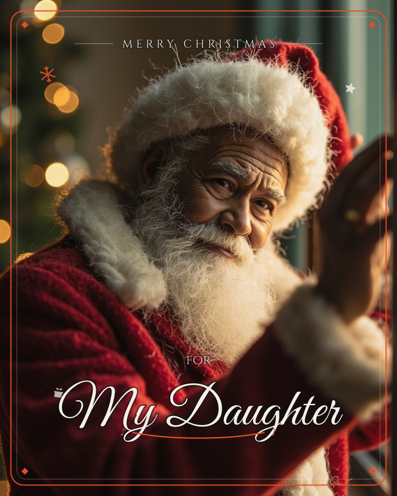 A man dressed as Santa Claus, with a full white beard and fur-trimmed red hat, leans toward a window with one hand raised as if waving, a christmas e-card design