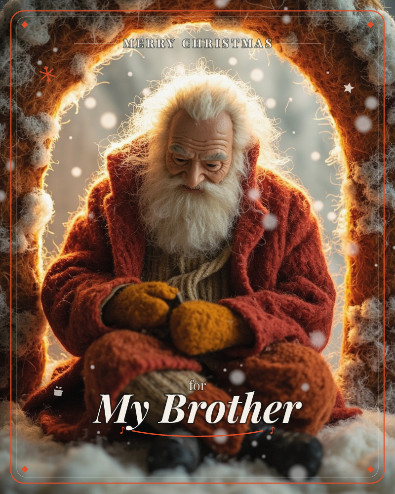 An elderly man with a long white beard sits inside a glowing arched hollow trimmed with soft snowy fluff, dressed in a thick knitted red coat and…, a christmas e-card design