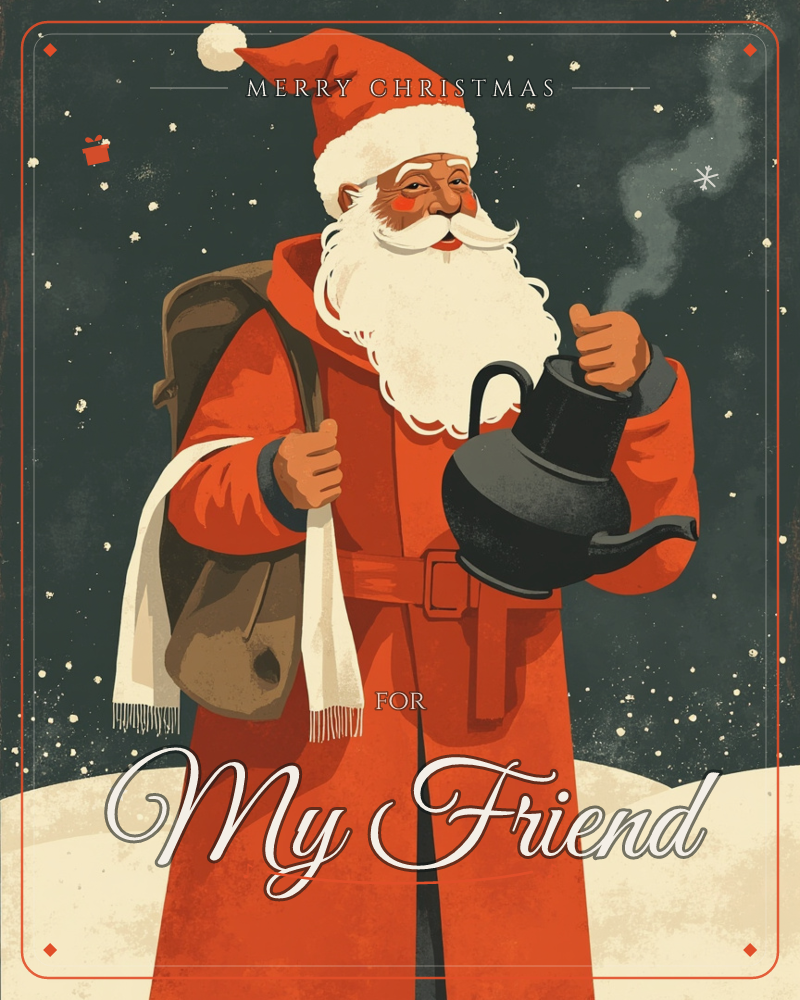 Santa stands against a starry midnight sky, a sack slung over one shoulder and a steaming black kettle held up in the other hand, a white scarf…, a christmas e-card design
