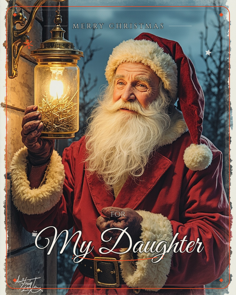 A white-bearded man in a red velvet Santa coat and fur-trimmed cap stands beside a glowing brass lantern mounted on a stone wall, bare winter branches…, a christmas e-card design