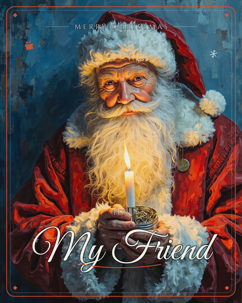 A richly painted Santa stands against a textured blue-grey background, cradling a lit candle in a small brass holder with both weathered hands, a christmas e-card design
