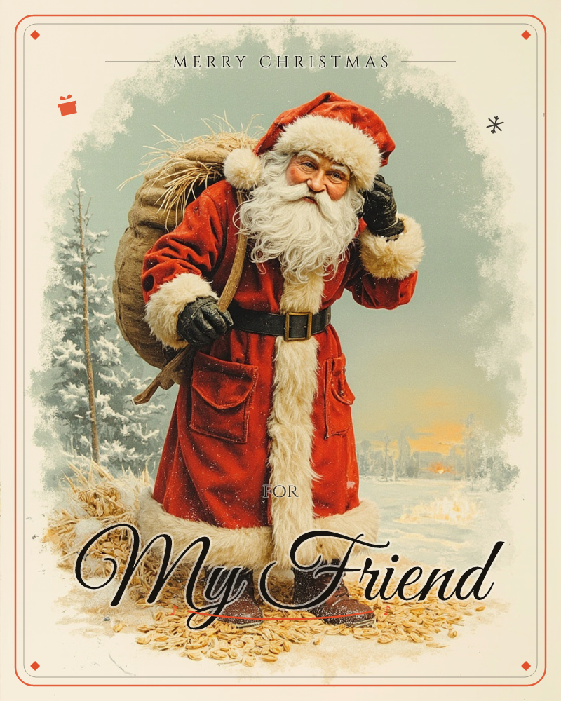 A vintage-style illustration shows a jolly figure in a fur-trimmed red coat and cap, carrying a burlap sack over one shoulder as he walks through a…, a christmas e-card design