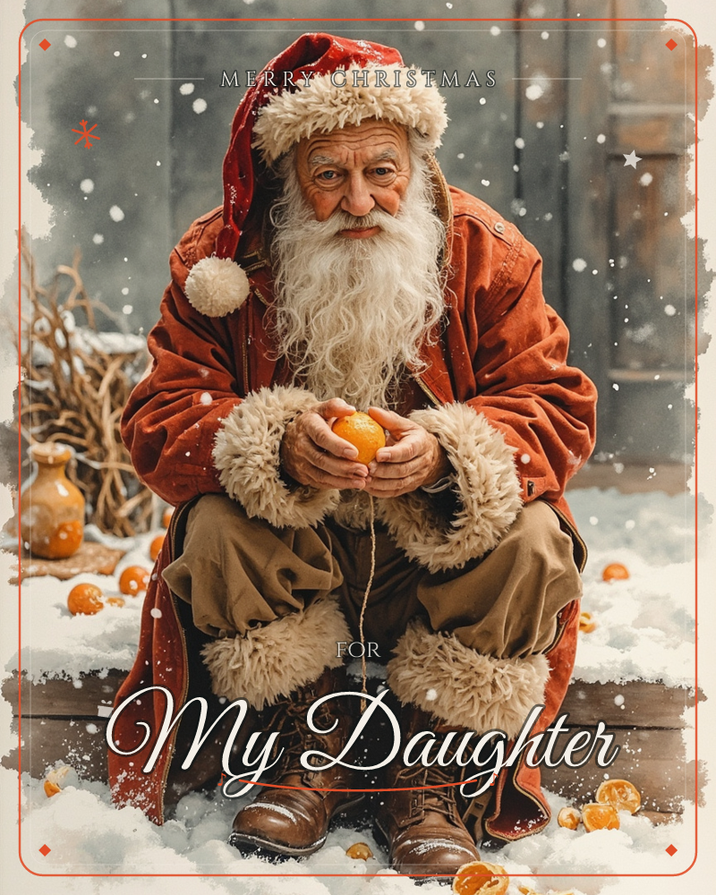 An old man dressed as Santa in a weathered rust-red coat with cream fur trim sits on snowy wooden steps, cradling a small orange in his hands, a christmas e-card design