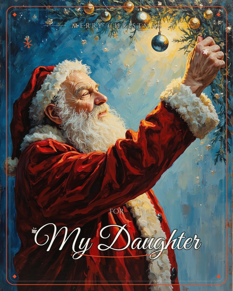 Santa Claus, in his red velvet coat and white fur trim, reaches up to hang a shining gold bauble on a garland of fir branches strung with twinkling…, a christmas e-card design