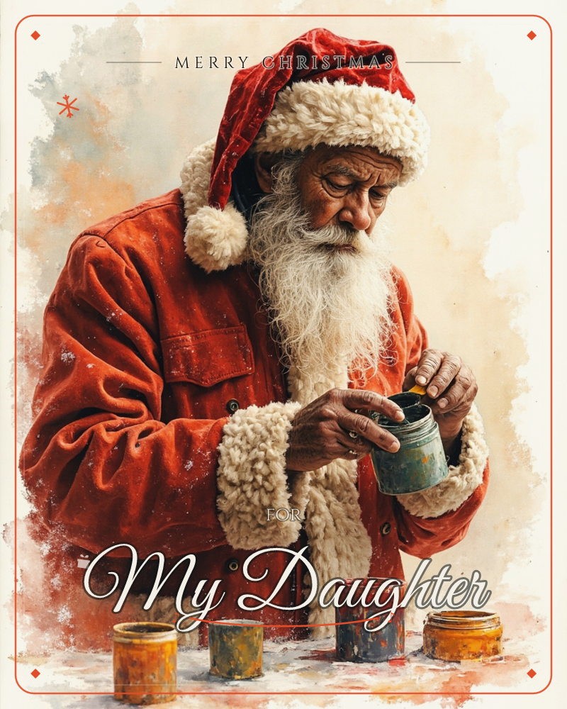 The card shows Santa in his red velvet coat and fur-trimmed cap, bent in concentration as he opens a small tin of paint with weathered, careful hands, a christmas e-card design