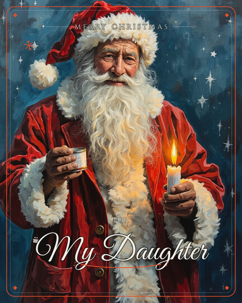 Santa Claus stands against a deep starry night sky, his red velvet coat and cap trimmed with thick white fur glowing warmly, a christmas e-card design