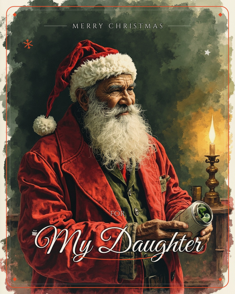 A weathered Santa in a deep red coat and fur-trimmed cap stands beside a candle flickering in a brass holder, his long white beard catching the warm light, a christmas e-card design