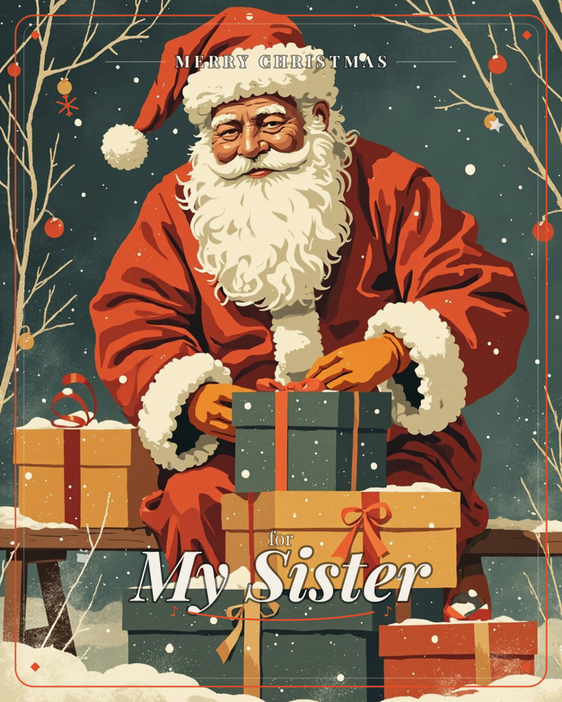 Santa Claus leans over a stack of wrapped presents piled on a snowy bench, carefully tying a ribbon into a bow, a christmas e-card design