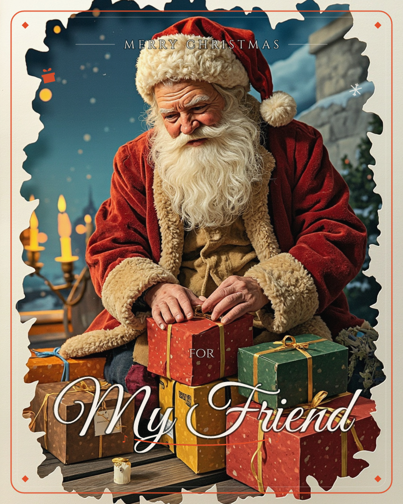 Santa Claus kneels beside a stone chimney, carefully tying ribbon onto a stack of wrapped gifts in red, green, gold and brown paper, a christmas e-card design