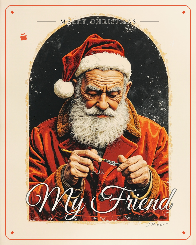 An arched panel holds a close-up of Santa in his red fur-trimmed coat and cap, head bowed in concentration as he holds a small pencil between his…, a christmas e-card design