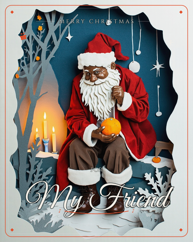 A paper-cut Santa sits on a snowy bench in a deep-blue winter night, holding a small orange in his gloved hands, a christmas e-card design
