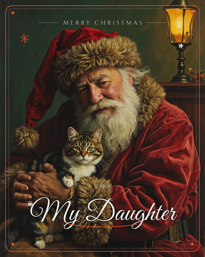 An old man in a red velvet coat and fur-trimmed cap cradles a tabby cat in his arms, its eyes bright against the deep green wall behind him, a christmas e-card design