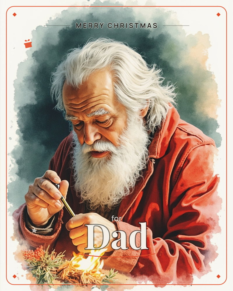 An elderly man with a long white beard and flowing white hair leans in close, carefully lighting a small twig fire with a match, his weathered hands…, a christmas e-card design