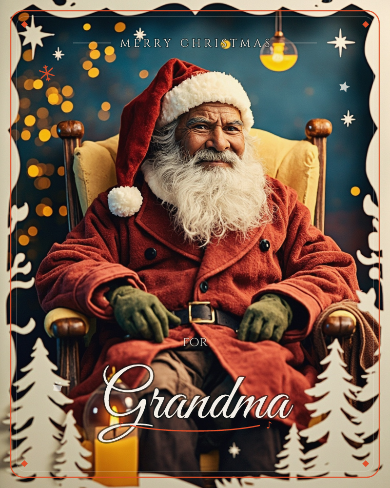 A weathered Santa with a long white beard sits deep in a worn armchair, dressed in a faded red coat and green gloves, warmed by a lit candle at his feet, a christmas e-card design