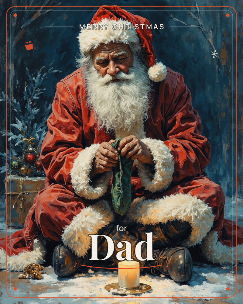 Santa Claus kneels in the snow beside a small decorated tree, quietly holding a green stocking as a single candle burns before him, a christmas e-card design