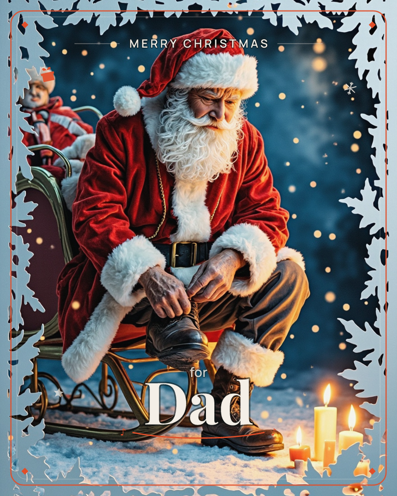 Santa sits on the edge of his sleigh in the snow, bending down to lace up his boot, with a toy figure peeking out from the sled behind him, a christmas e-card design
