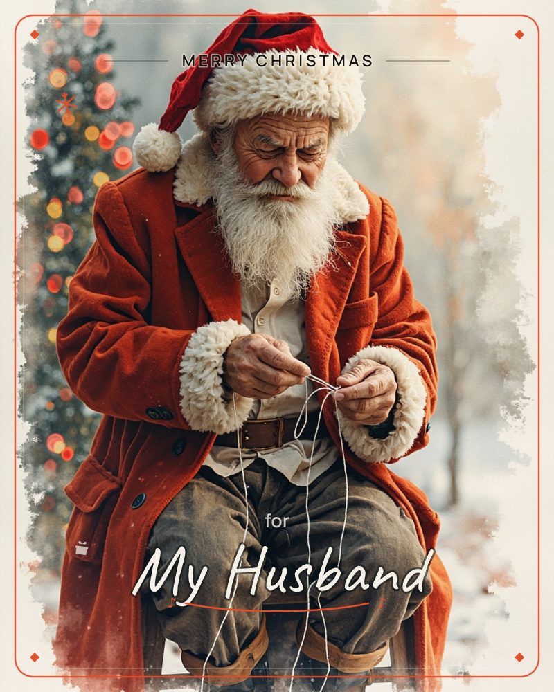 Santa sits on a low wooden stool, hunched forward as he ties a length of white string between his fingers, his fur-trimmed red coat and hat glowing…, a christmas e-card design