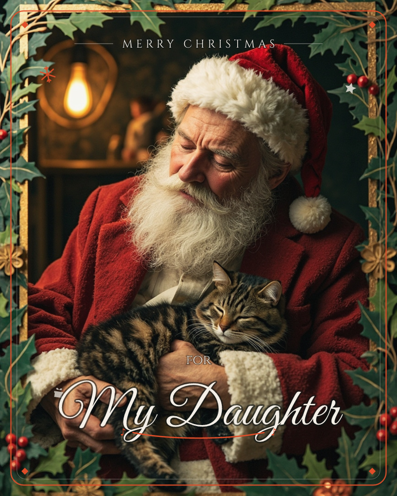 A man dressed as Santa, with a full white beard and red fur-trimmed coat, gazes down tenderly at a striped tabby cat cradled in his arms, a christmas e-card design