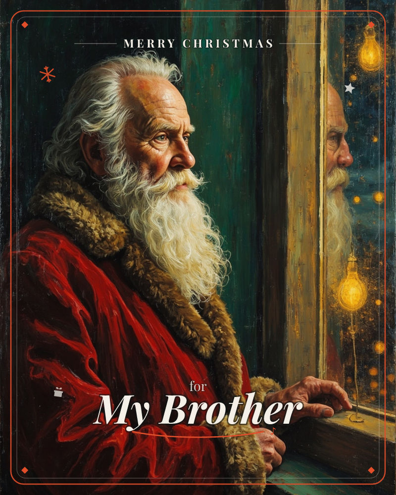 A white-bearded man in a fur-trimmed red robe stands at a window, his reflection gazing back at him through glass strung with small glowing lights…, a christmas e-card design