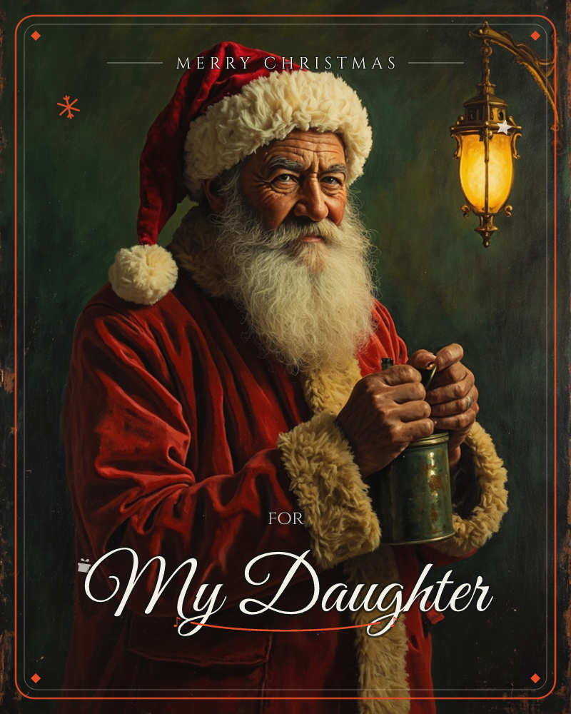 A richly painted portrait shows a white-bearded man in a red velvet coat and fur-trimmed cap, holding a battered old tin mug in both hands, a christmas e-card design