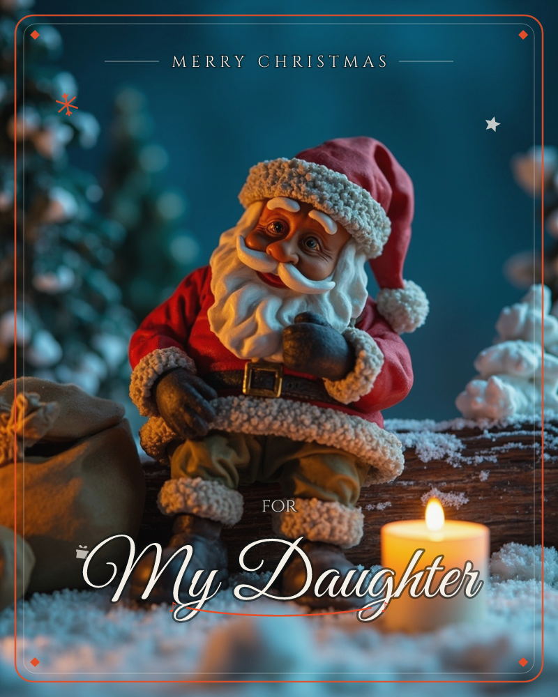 A miniature Santa figurine sits perched on a snow-dusted log, his sack of gifts resting beside him and a lit candle glowing at his feet, a christmas e-card design