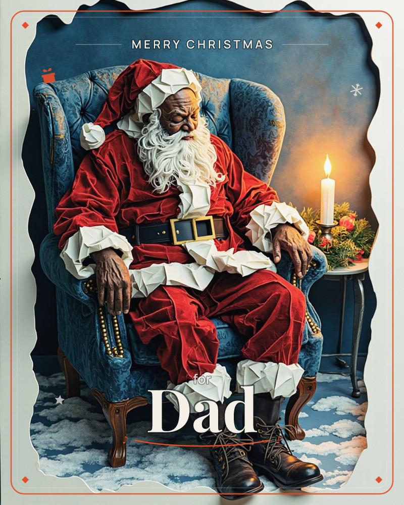 A weary Santa in a plush red velvet suit dozes deep in a tufted blue wingback chair, his white beard resting on his chest and worn leather boots…, a christmas e-card design