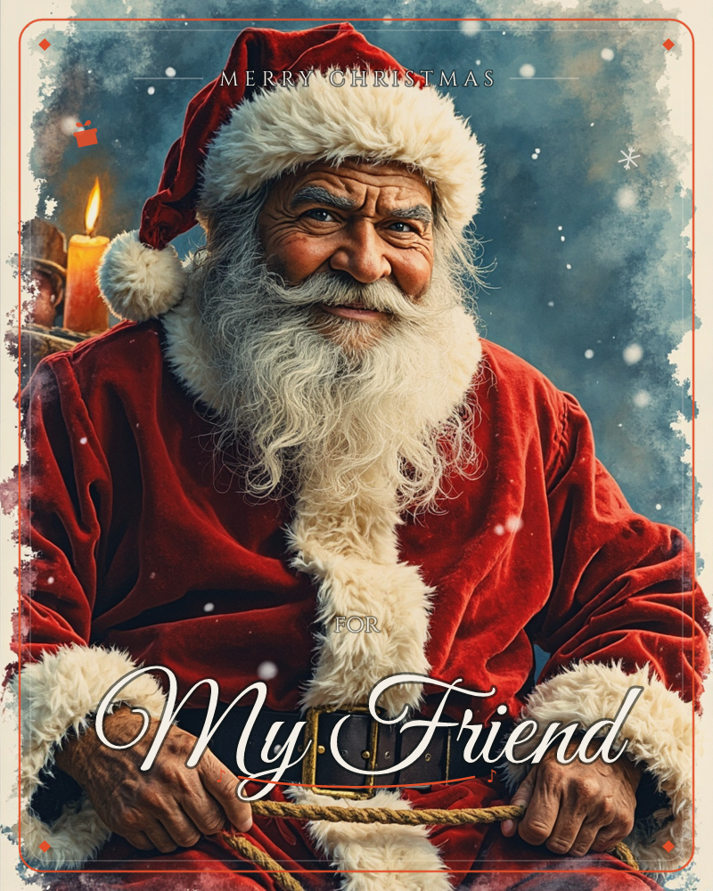 A close-up portrait of Santa Claus in his red velvet coat and fur-trimmed hat, his weathered hands gripping a length of rope, a christmas e-card design