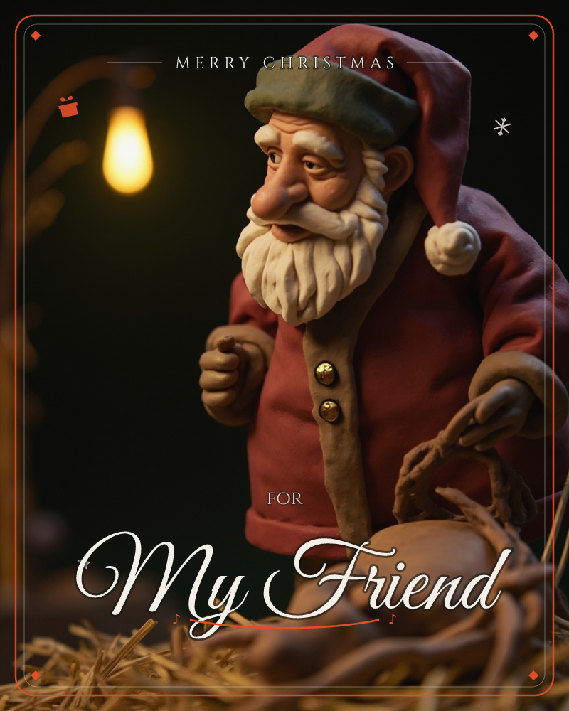 A stop-motion-style clay Santa stands in a dim workshop lit by a single hanging bulb, his fists clenched and mouth open mid-word as if caught telling a…, a christmas e-card design