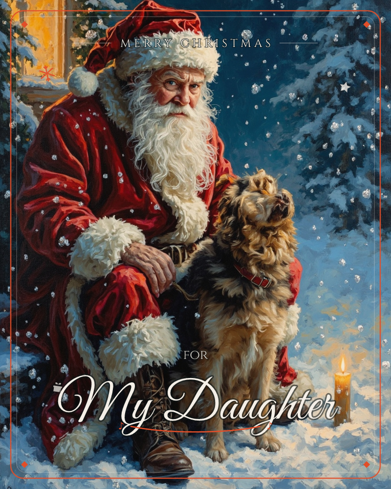 Santa kneels in fresh snow beside a shaggy dog wearing a red collar, his velvet robe and white fur trim glowing against a deep blue, snow-flecked evening, a christmas e-card design