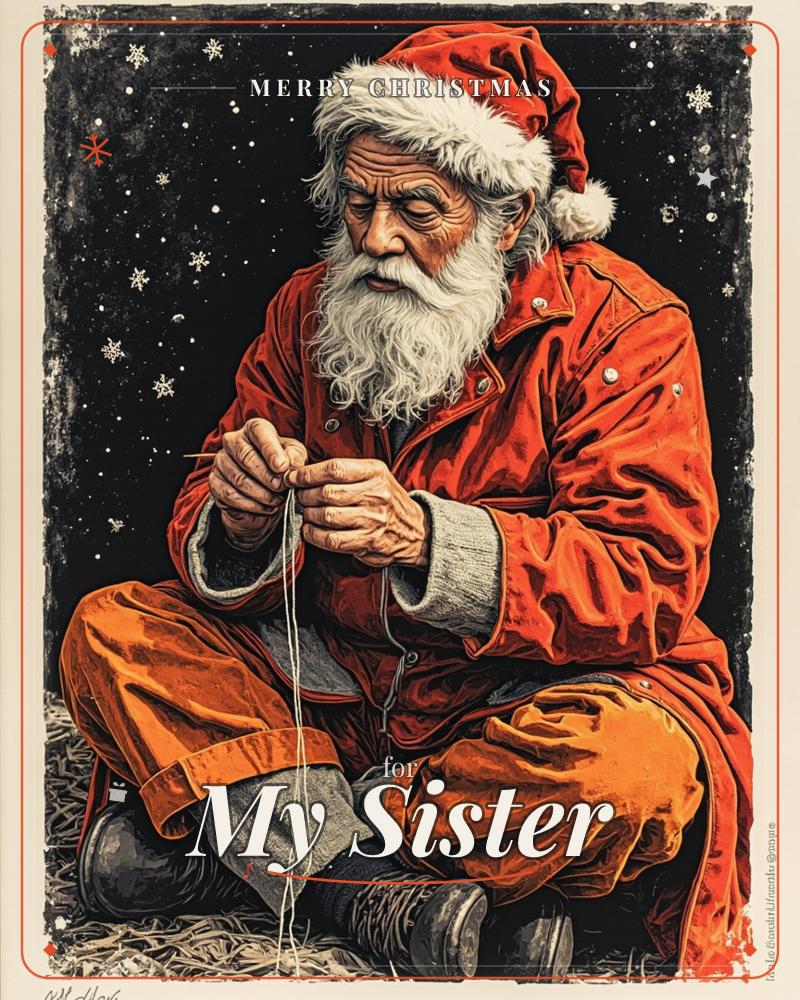 A weathered figure in a red coat and cap sits cross-legged on straw against an inky, snow-flecked night sky, threading a needle with careful, worn hands, a christmas e-card design