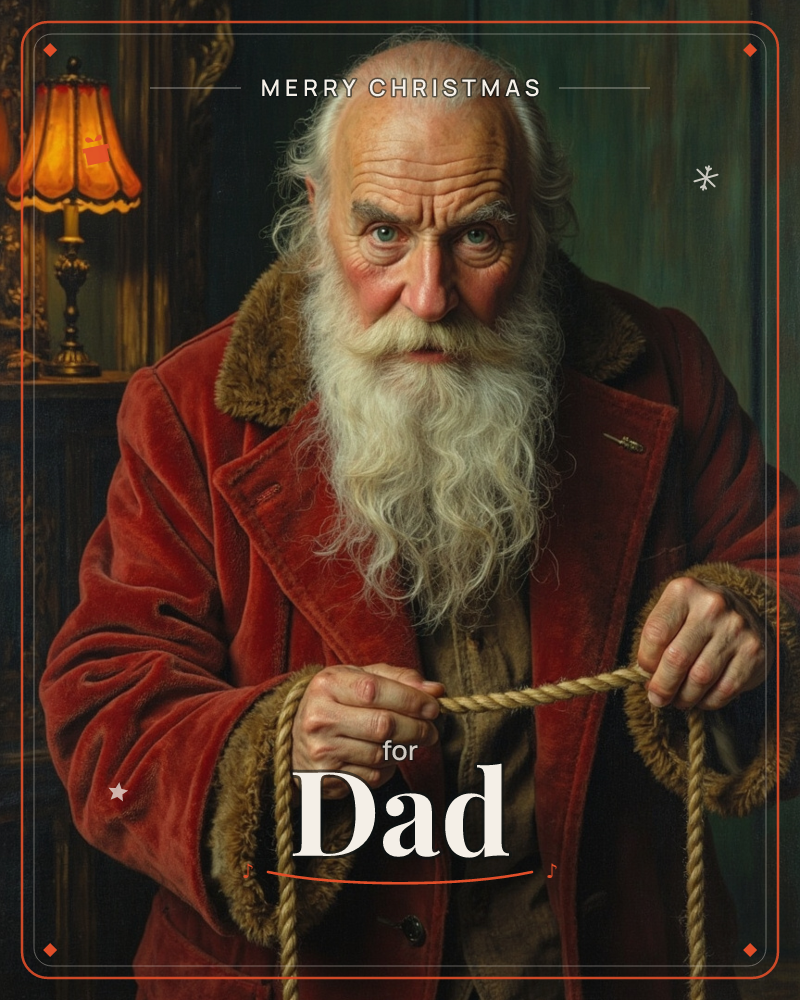 An elderly man with a long white beard stands in a dim wood-paneled room, wearing a red fur-trimmed velvet coat and coiling a length of rope between…, a christmas e-card design