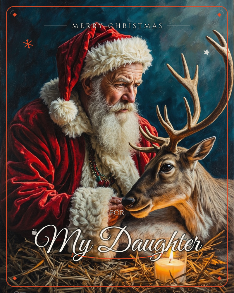 A weathered man in a red velvet coat and fur-trimmed cap kneels close beside a reindeer, resting his hand near its antlers in a moment of quiet…, a christmas e-card design