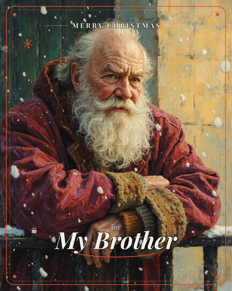 An old man with a long white beard and wild white hair leans on a dark railing in falling snow, wearing a weathered maroon coat and chunky knit mittens, a christmas e-card design