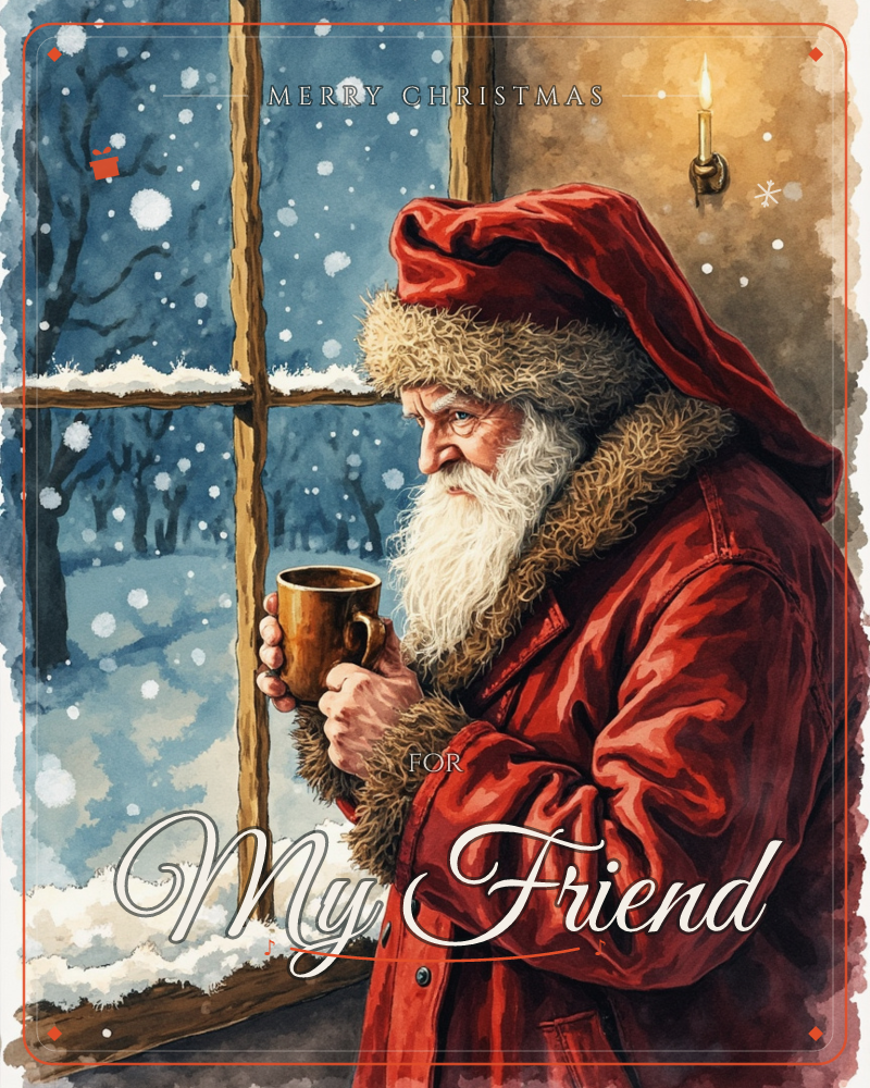 Santa stands beside a frosted window in his red fur-trimmed coat and hood, cradling a warm mug as he watches snow fall over bare winter trees outside, a christmas e-card design