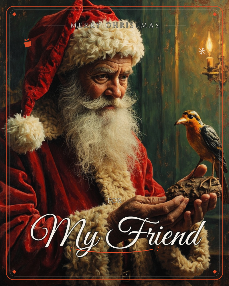A weathered Santa in a fur-trimmed red coat leans close to study a small orange-breasted bird perched on a piece of bark cradled in his hands, a christmas e-card design