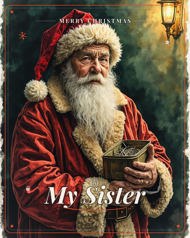 A weathered Santa Claus in a red fur-trimmed coat and cap stands against a dark mottled green background, lit by a single glowing wall lantern, a christmas e-card design
