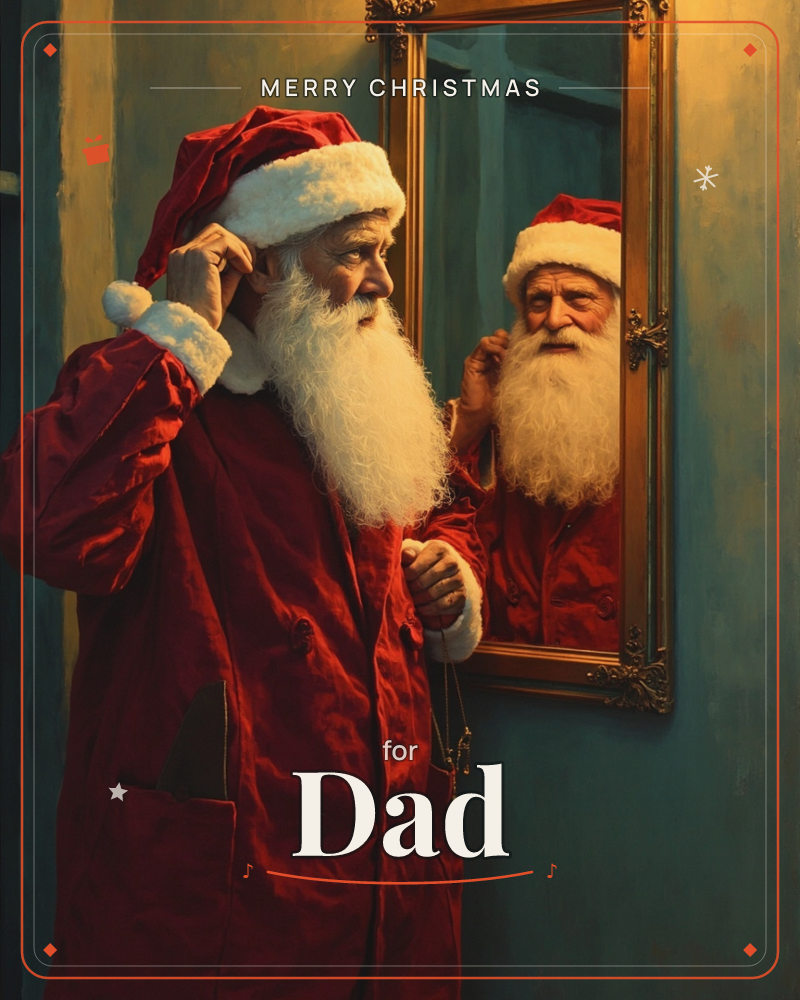 A man in a red Santa coat and hat stands before an ornate gilt-framed mirror, adjusting his hat brim as he checks his reflection, a christmas e-card design