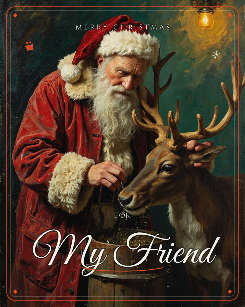 A weathered figure in a red fur-trimmed coat and cap bends close to a large antlered reindeer, feeding it from a wooden bucket by lantern light, a christmas e-card design