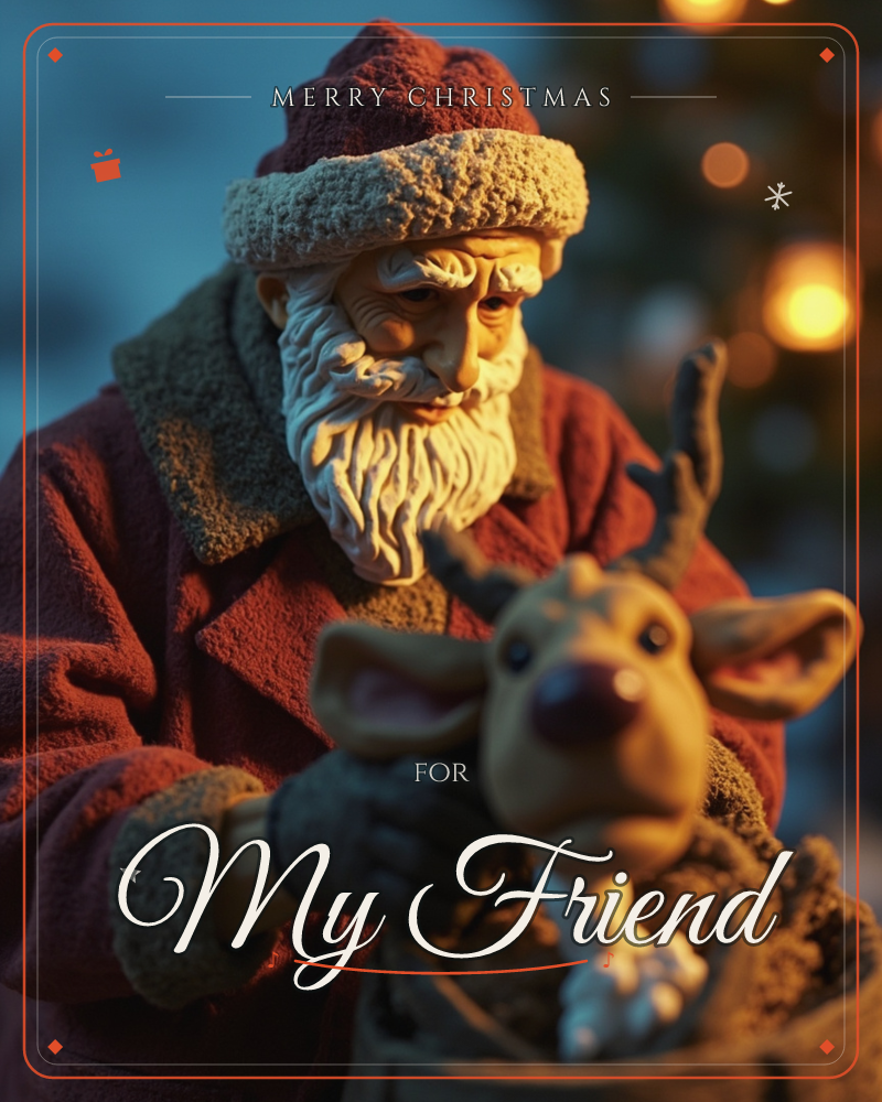 A carved figurine of Santa leans close to a reindeer figure poking out of a burlap sack, both rendered in warm, textured detail against a softly…, a christmas e-card design