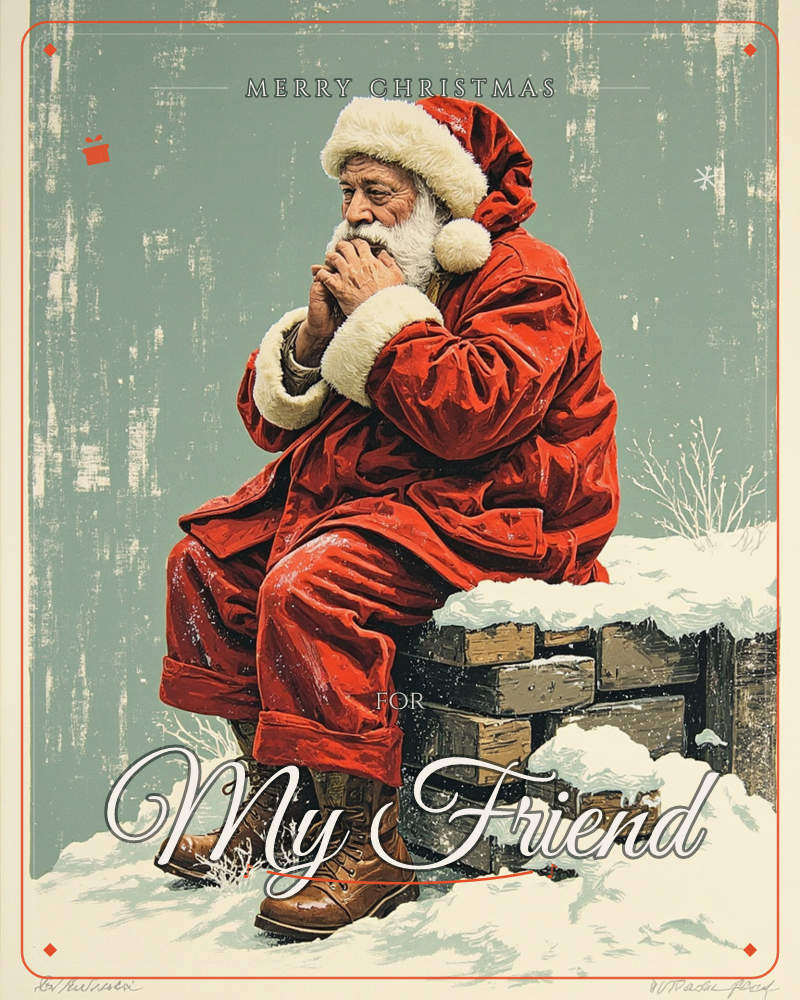Santa sits on a snow-capped wooden crate, hunched forward and blowing warmth into his cupped hands against the cold, a christmas e-card design