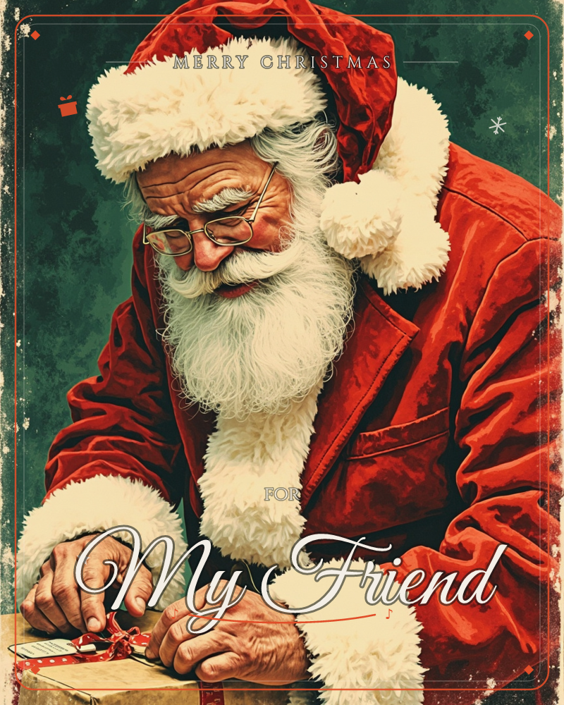 Santa Claus bends low over a table, his round glasses slipping down his nose as he carefully ties a red ribbon around a wrapped gift, a christmas e-card design