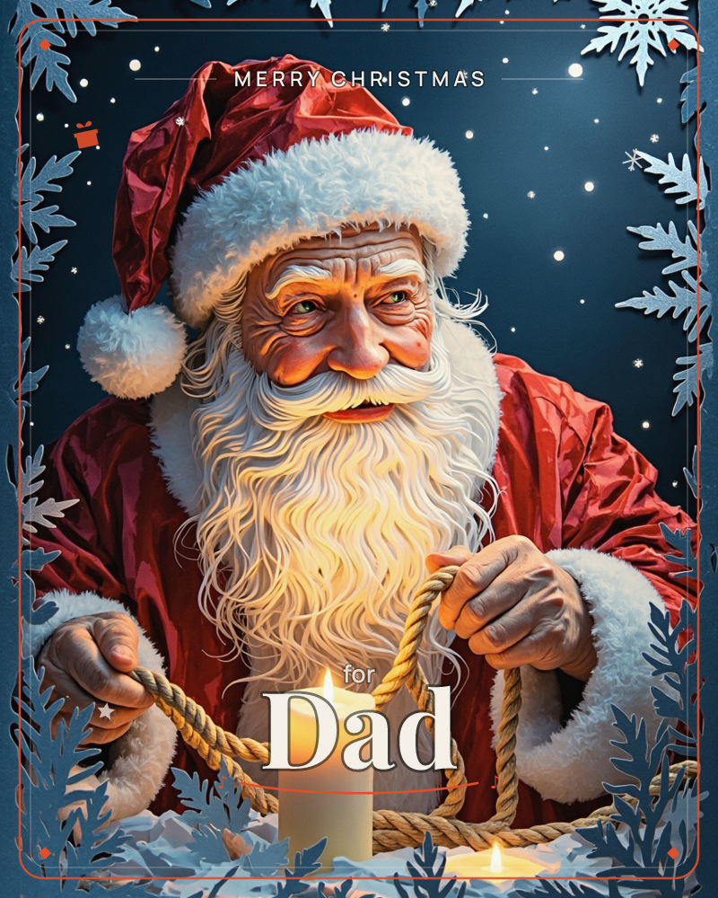 Santa Claus leans over a lit candle, holding a length of rope in both hands, his weathered face glowing warm orange in the candlelight against a deep…, a christmas e-card design