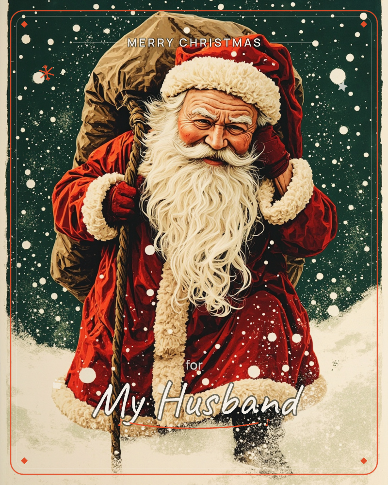 A weathered Santa trudges through falling snow against a deep pine-green night sky, a heavy sack slung over one shoulder and a wooden staff gripped in…, a christmas e-card design