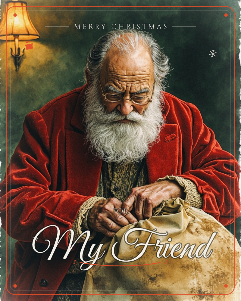An old man with a long white beard and wire spectacles leans over a worn canvas sack, tying it closed with careful hands, a christmas e-card design